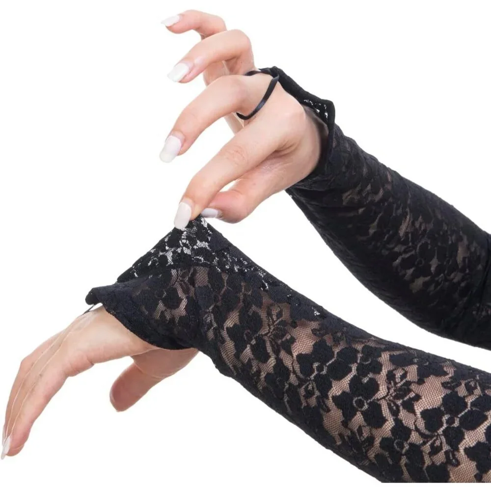 Women's Black 15.8 Inch Elbow Length Finger Less Halloween Cosplay Gloves
